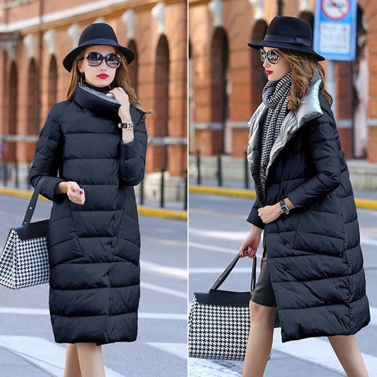 Double Sided Women's Down Jacket Long Winter Turtleneck White Duck Down Coat Female Double Breasted Plus size Warm Plaid Parkas - LiveTrendsX
