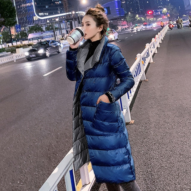 Double Sided Women's Down Jacket Long Winter Turtleneck White Duck Down Coat Female Double Breasted Plus size Warm Plaid Parkas - LiveTrendsX