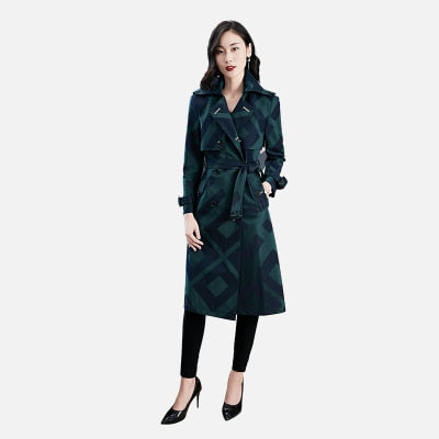Women's Quality Trench Overcoat Spring Autumn Long Plaid Pattern Belt Button Waist Slim Coat Female Polyester Red Lapel Trench - LiveTrendsX