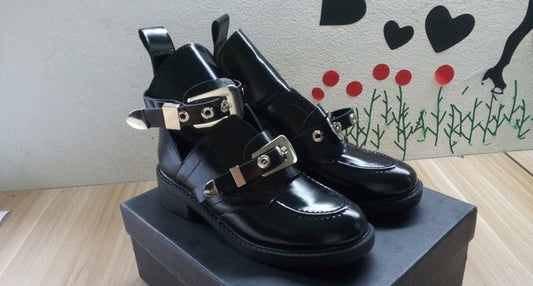 Women Shoes Leather Ankle Motorcycle Boots Riding Gladiator Bootie Flats Cutout Square Heel Buckle Runway Boots For Woman Size42 - LiveTrendsX