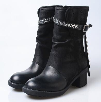 New genuine leather do old short boots women rivet stud belt buckle high heel motorcycle boots mujer zapatos - LiveTrendsX
