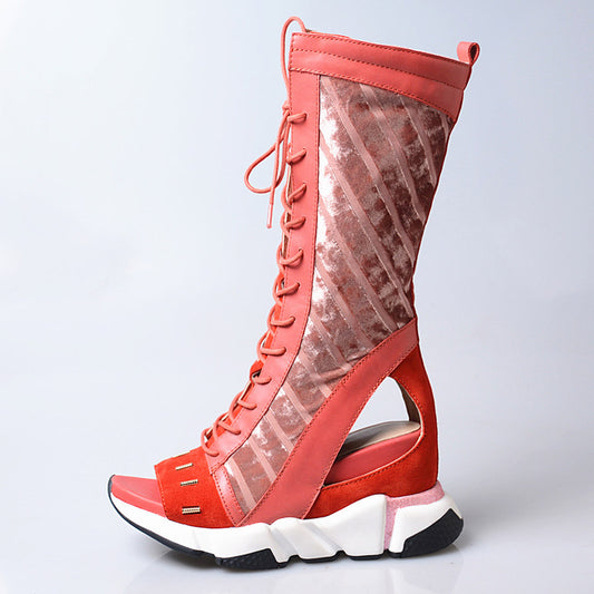 fashion new genuine leather patchwork wedge heel sandals peep toe sexy cut out causal boots sandals females - LiveTrendsX