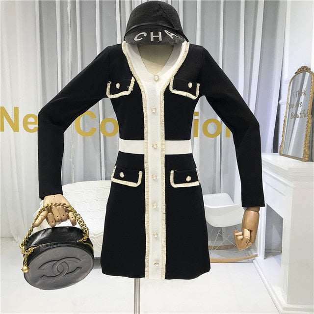 Autumn 2019 New French V-neck and Long Sleeve Knitted Dress Women Slim Waist Faux Pocket Fashion Outfit - LiveTrendsX