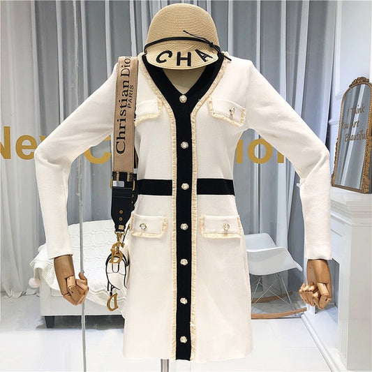 Autumn 2019 New French V-neck and Long Sleeve Knitted Dress Women Slim Waist Faux Pocket Fashion Outfit - LiveTrendsX