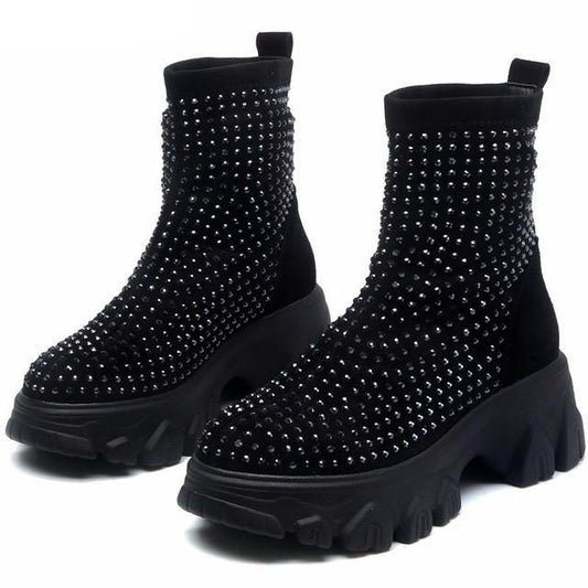Women's Winter Boots Rhinestone Women Platform Boot Fashion Stretch Warm Thick Sole Ladies Chunky Shoes Big Size - LiveTrendsX