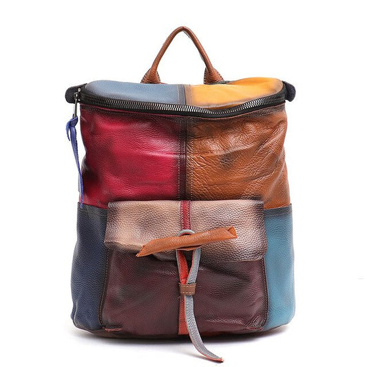 Unique Design Multi Color Cow Leather Girl School Backpack Large Paint Patchwork Genuine Leather Shoulder Bag Femal knapsack - LiveTrendsX