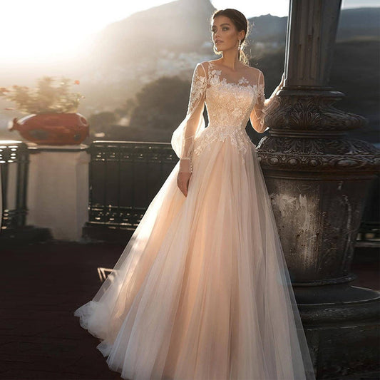 A-line Wedding Dress Light Pink Wedding Gowns Elegant Bride Dress With Long Sleeves Vestidos De Noiva - LiveTrendsX