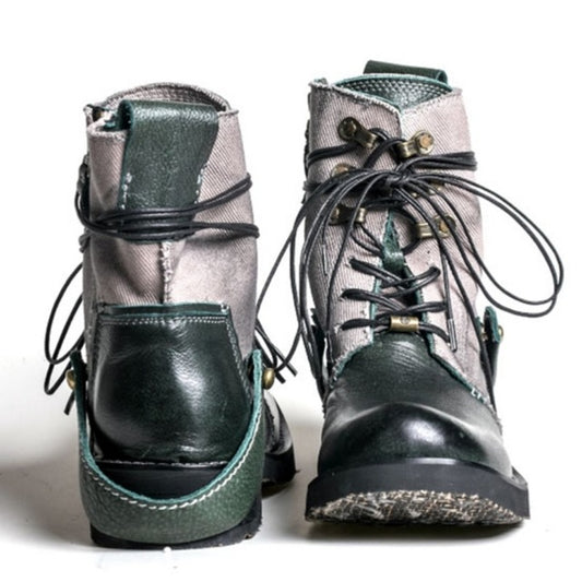 Top Quality Designer Vintage Cowhide Mens Ankle Boots Canvas Patchwork Genuine Leather Lace Up Breathable Casual Cargo Boots - LiveTrendsX