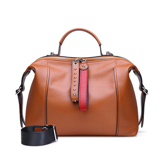 Women Handbag 100% Genuine Leather Classic Black Fashion Boston Bag Casual Tote Lady Shoulder Messenger Bag Rivets Big Capacity - LiveTrendsX