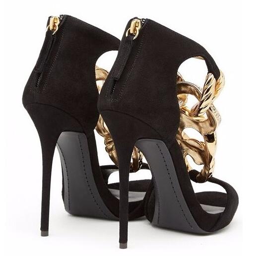 Summer Women Black Suede Peep Toe Gold Metal Chain Sandals Summer Back Zipper Cover Heel Thin Heel Party Shoes 12 cm Heels - LiveTrendsX