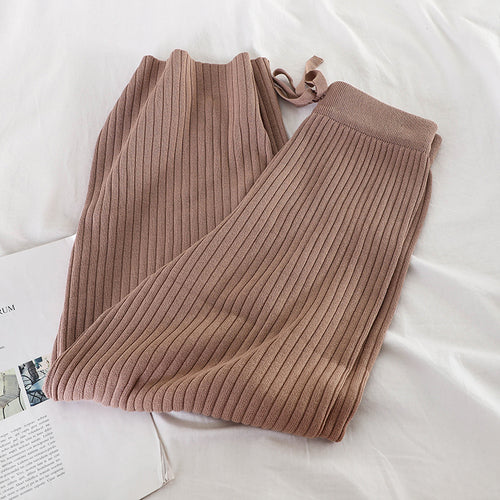 New Fashion Autumn Knitted Wide Leg Pants Women Solid Pit Long Trousers Elastic Lace Up Waist Casual Knit Pants - LiveTrendsX