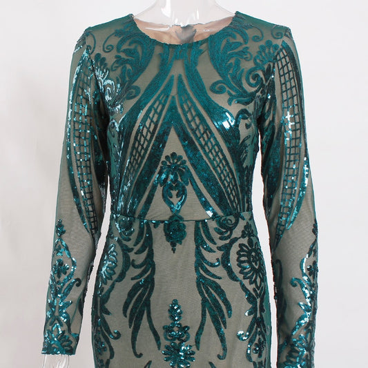 Green Sequined O Neck Full Sleeved Evening Party Dress Stretchy Floor Length Ball Gown with Detachable Train Burgundy - LiveTrendsX