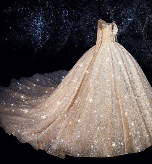 Luxurious sequins Ball Gown Wedding Dress O Neckline Vestidos De Novia Plus Size Bride Dress Prom Wedding Gown - LiveTrendsX