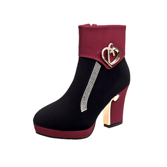 Thick heel color matching side zipper short boots heel rhinestone frosted water - LiveTrendsX
