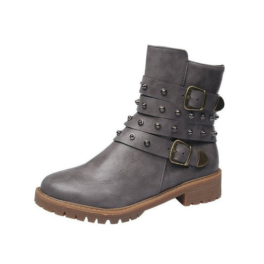 New Woman Ankle Boots Women Pu Leather Buckle Rivet Shoes - LiveTrendsX