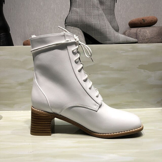 New white Martin boots, leather leather, round head, thick heel, high heel boots, autumn and winter strap-on boots - LiveTrendsX