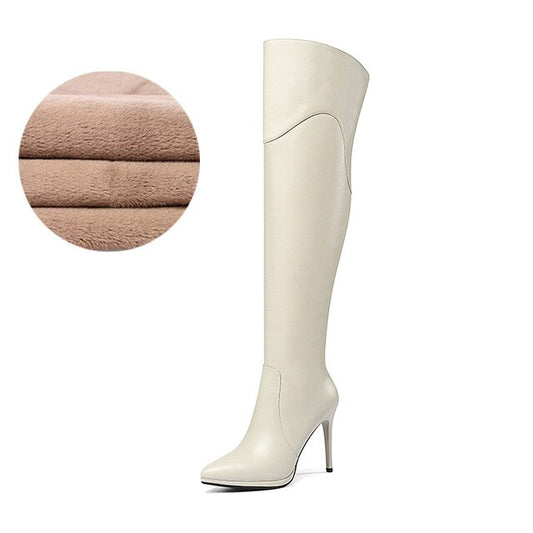 Genuine leather over the knee boots high heel 10cm short plush winter fashion simple zipper pointed toe women's shoes new - LiveTrendsX