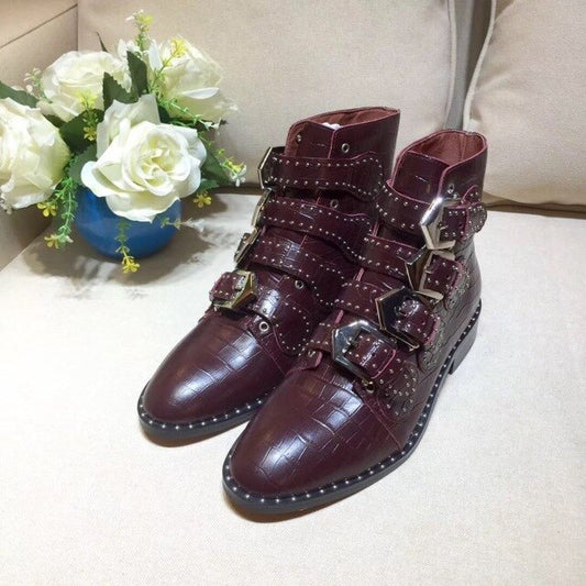 Susanna Studded Rivets Boots Women Real Leather Ankle Boots Round Toe Buckles Martin Boots Women Luxury Velvet Zapatos Mujer - LiveTrendsX