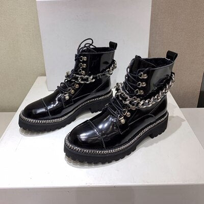 Women Black Genuine Leather Boots Female Motorcycle Boots punk Rivets Chain Shoes Women Winter Ankle Boots Size 35-41 - LiveTrendsX