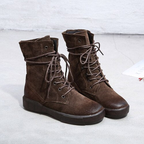 Women Boots Winter Warm Shoes Genuine Leather Black Ankle Boots Flat Heel Women Lace Up Casual Martin Boots Size43 Leather Shoe - LiveTrendsX