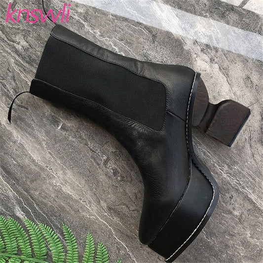 New Runway Strange Style Heel Ankle Boots For Women Black Genuine Leather Platform Short Boots High Heel Stretch Botas Femininas - LiveTrendsX