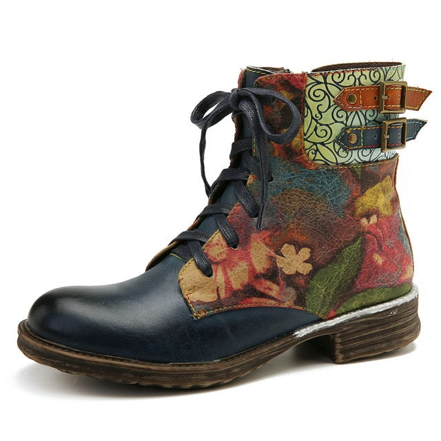 Botas Mujer Boots Womens Watercolor Rose Genuine Leather Zipper Lace Up Flat Boots Ladies Shoes Women Winter 2019 - LiveTrendsX