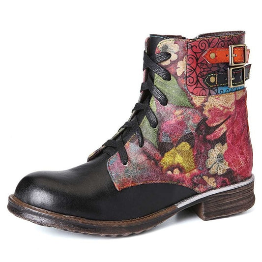 Botas Mujer Boots Womens Watercolor Rose Genuine Leather Zipper Lace Up Flat Boots Ladies Shoes Women Winter 2019 - LiveTrendsX