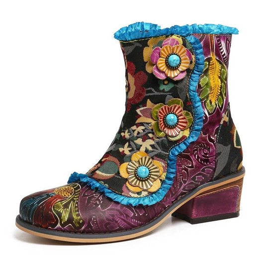 Retro Hand Painted Genuine Leather Flowers Blue Lace Zipper Flat Short Boots Elegant Shoes Women Shoes Botas Mujer - LiveTrendsX