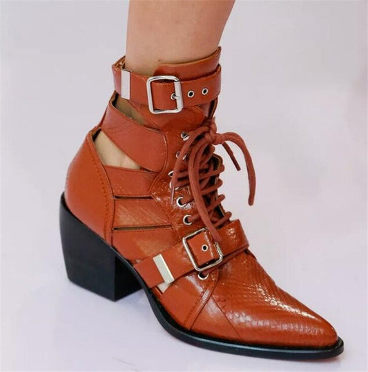 Street Style Women Buckle Ankle Boots Lace-up Shoes Med Heel - LiveTrendsX