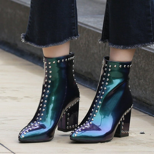 Black Green Pointed Toe Studded Ankle Boots for Women Fashion Patent leather Square Heel Boots  Winter Short Boots Plus Size - LiveTrendsX