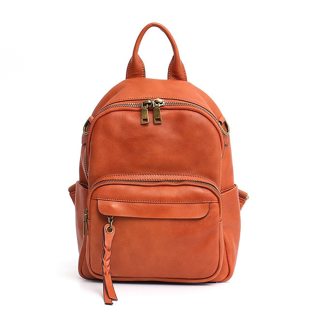 Italian Cow Leather Backpack For Women Front Zip Pcokets Design Lady Functional knapsack School Bag Belt Vintage Shoulder Bag - LiveTrendsX