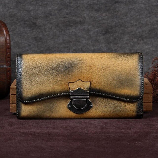 Women's handmade wallet female genuine leather card holder long wallet ladies retro zipper Clutch Bag coin purses Buckle wallets - LiveTrendsX