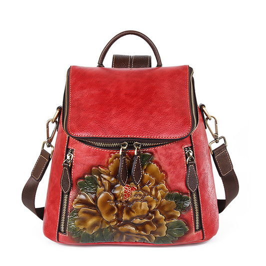 Women Backpack Genuine Leather Flower Pattern Real Cowhide Rucksack Female 3 Use Vintage Shoulder Bag Daypack Travel Knapsack - LiveTrendsX