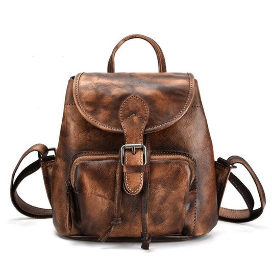 BJYL New retro first layer leather backpack casual backpack female hand-brushed leather tree high leather bag - LiveTrendsX
