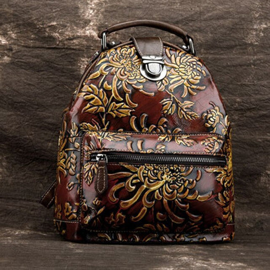 Women Genuine Leather Backpack Knapsack Embossed Chinese Style Brush Color Travel Bag Lady Daypack Vintage floral Rucksack - LiveTrendsX