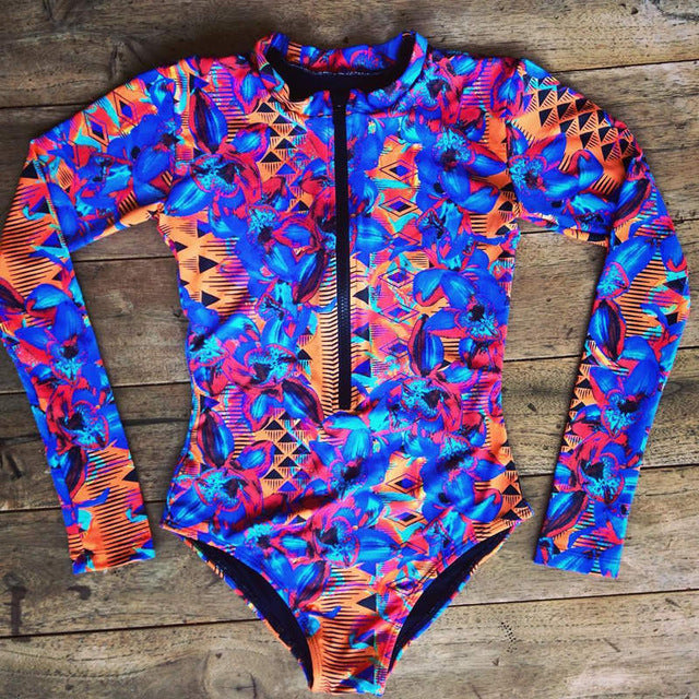 Long Sleeves Women One Piece Swimsuit Floral Swimwear Tropical Printed Monokini Backless Flamingo Bathing Suit Bodysuit Bain - LiveTrendsX