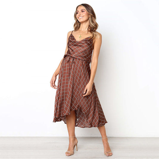 Vintage Women Plaid Dresses Summer Ruffles Strap Irregular Lace Up Dress Sleeveless Dresses for Female Vestidos - LiveTrendsX