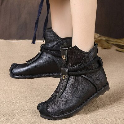Winter Warm Mother Genuine Leather Ankle Boots Flats Pleated Ladies Zip Plush Shoes Female Fashion Sewing Retro Short Boot 35-42 - LiveTrendsX
