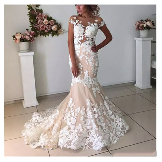 Champagne Mermaid Wedding Dresses 2020 Backless Robe de Mariee Vintage Lace Floral Applique Cap Sleeves Bridal Gowns Formal Long - LiveTrendsX