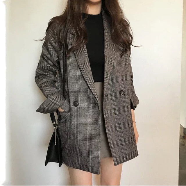 Women's check long sleeve cotton jacket causual vintage coat plaid blazer - LiveTrendsX
