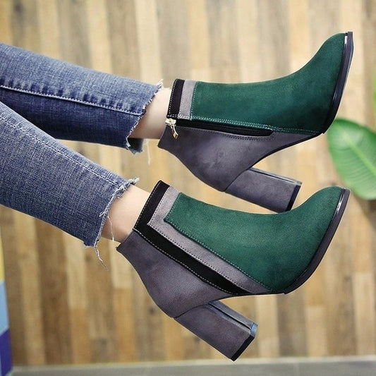 Mixed Colors Sewing Mid Calf Boots for Women Novelty Flock Pointed Toe Autumn Boots High Square Heel Winter Ladies Shoes - LiveTrendsX