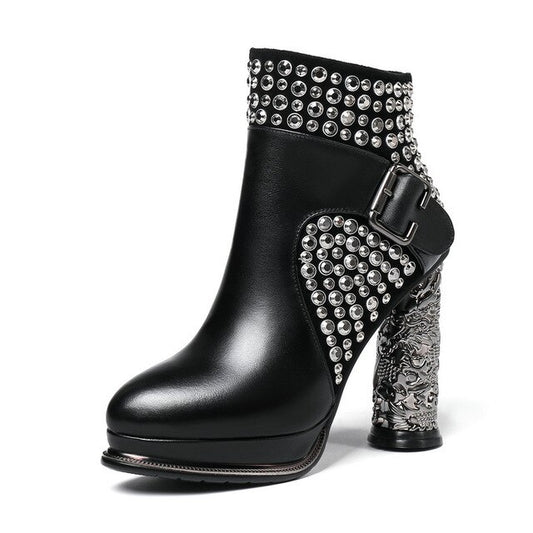Cow leather Women Ankle Boots supe High Heeled Autumn Winter Wedding Party Shoes Woman rivets Dancing Shoes - LiveTrendsX
