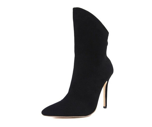 Women shoes autumn winter high heels faux leather ladies boots mid calf fashion sexy pointed toe stiletto black white boots - LiveTrendsX