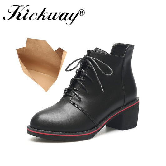 Women Ankle Boots 2017 Winter Genuine Leather Med heel Boots Gladiator Round toe Shoes Woman Lace Up Ankle Boots Botas - LiveTrendsX