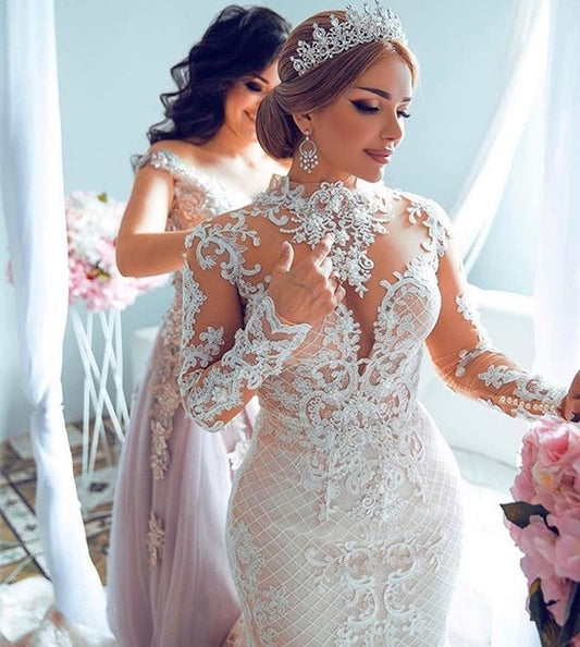 Luxurious 2020 African Mermaid Wedding Dresses With Detachable Train High Neck Lace Bridal Dress Long Sleeves Plus Size - LiveTrendsX