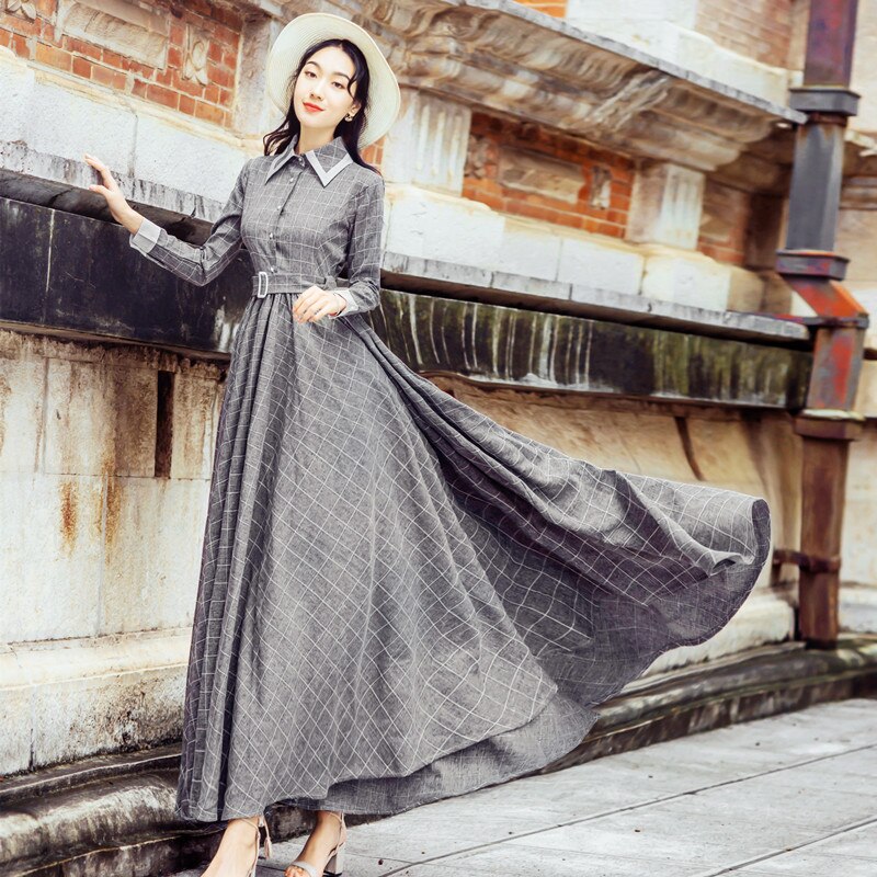 Maxi Vintage Plaid Long Women Dress Woolen Gray Shirt Dresses – LiveTrendsX Maxi Vintage Plaid Long Women Dress Woolen Gray Shirt Dresses – LiveTrendsX