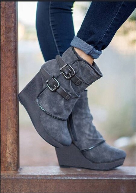 High heels ankle boots for women autumn winter sexy wedges platform short boots buckle strap retro ladies shoes plus size - LiveTrendsX