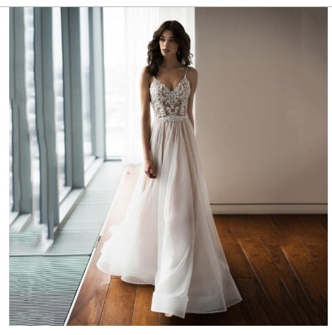 Boho Wedding Dress Sexy Spaghetti Strap Lace Bridal Dresses Backless Vestido De Noiva Lorie Wedding Gowns For Women - LiveTrendsX