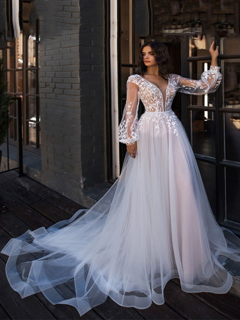 Boho Wedding Dress Puff Long Sleeves A-Line Appliques Floor Length Bride Dress Custom Made Princess Wedding Gown - LiveTrendsX