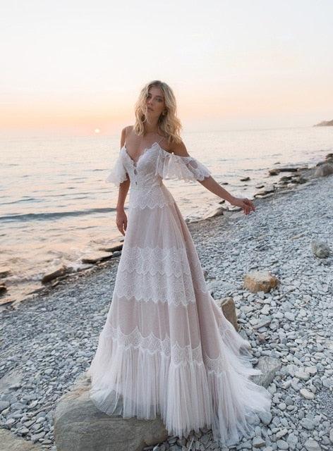 Bohemian Wedding Dresses Off Shoulder Lace Appliques Bridal Gowns Sexy Backless Beach A Line Wedding Dress Robe De Mariee - LiveTrendsX